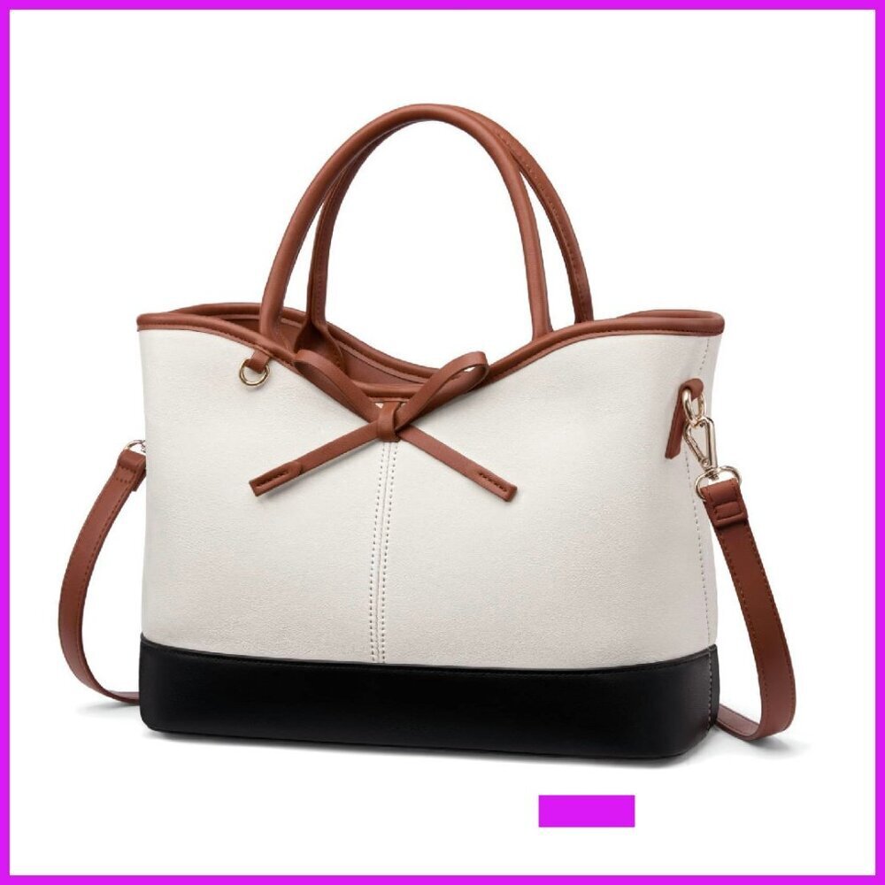 PU Leather Satchel Handbag Elegant Structured Bow Top Handle Crossbody Bag